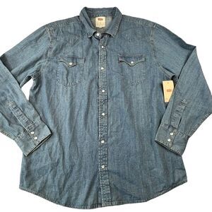 Levis‎ Mens Shirt Size 2XL XXL Pearl Snap Denim Blue Western Country Long Sleeve